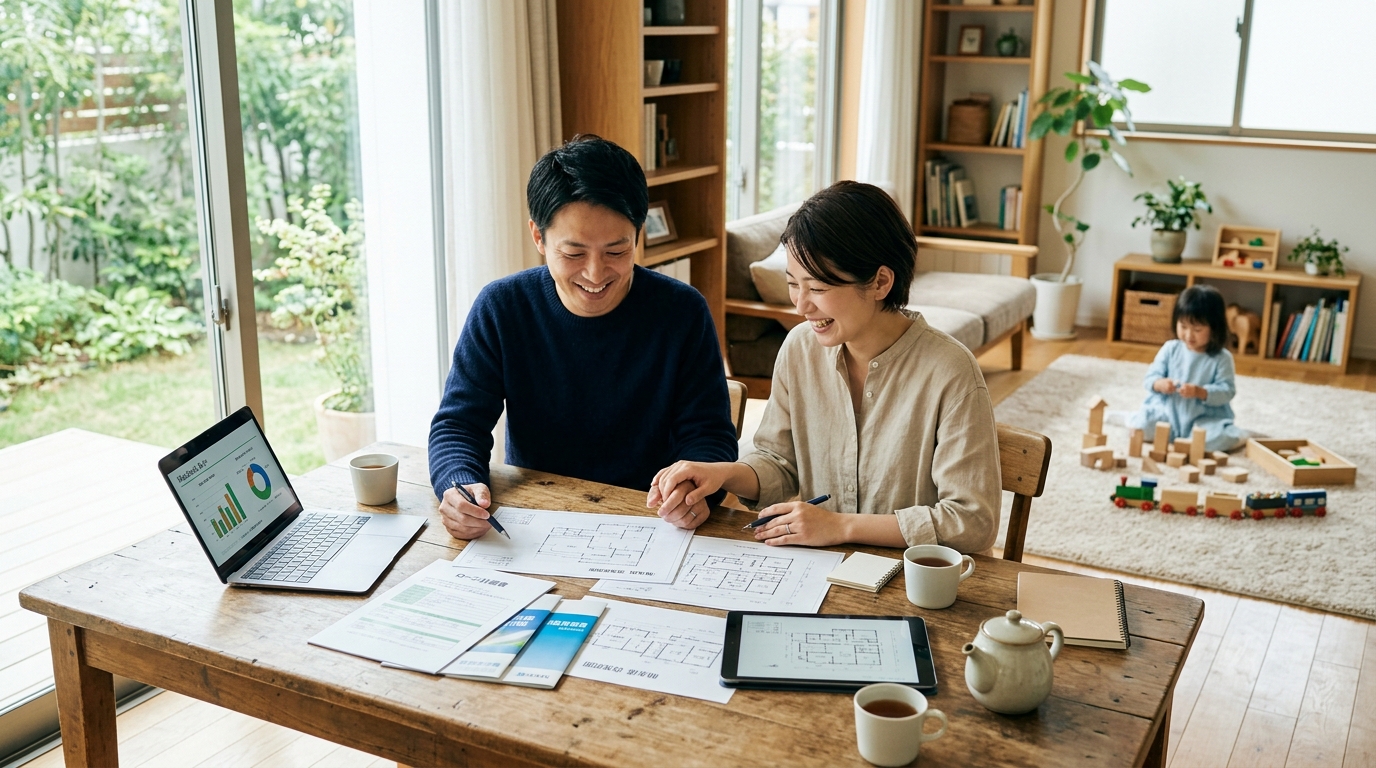 北摂マイホームの資金計画を話し合う子育てファミリー